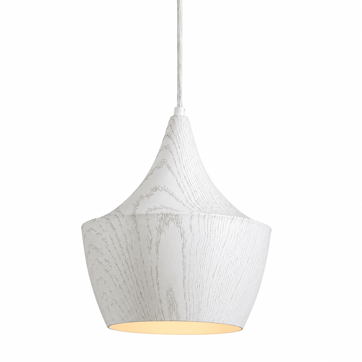 Ziggy White Wood Grain Pendant Light with a sleek design and warm glow, perfect for modern interiors.