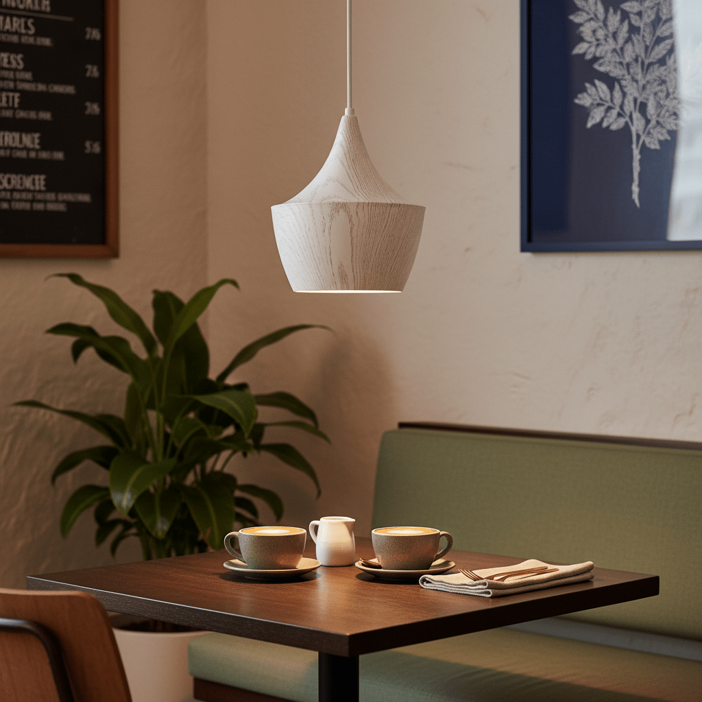 Ziggy White Wood Grain Pendant Light hanging above a cozy dining table with coffee cups and a plant.