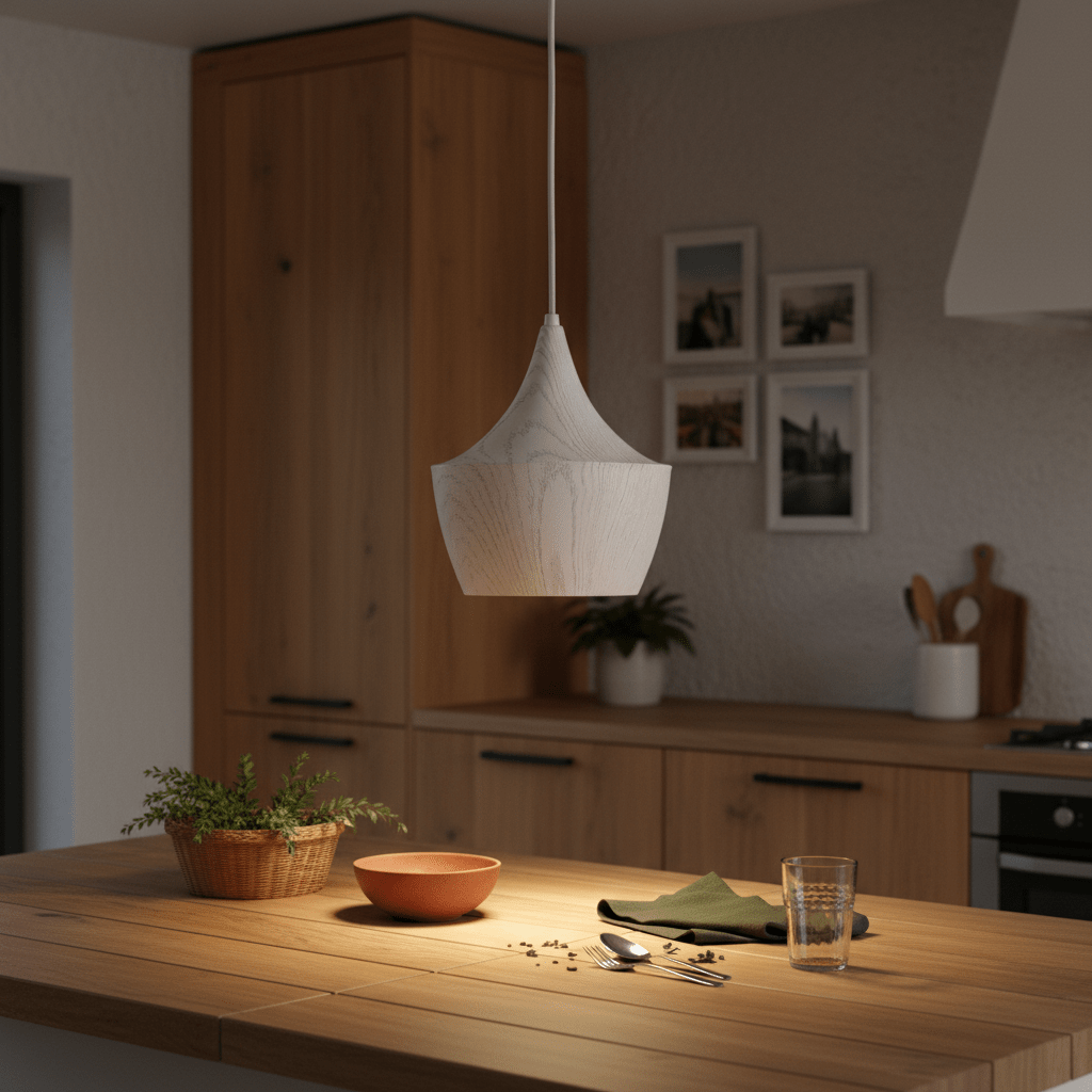 Ziggy White Wood Grain Pendant Light hanging above a wooden kitchen island with a bowl and utensils.