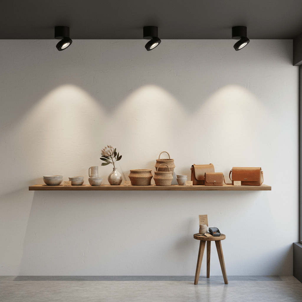 Stylish ceiling-mounted downlights illuminating a wooden shelf with decorative items and bags.