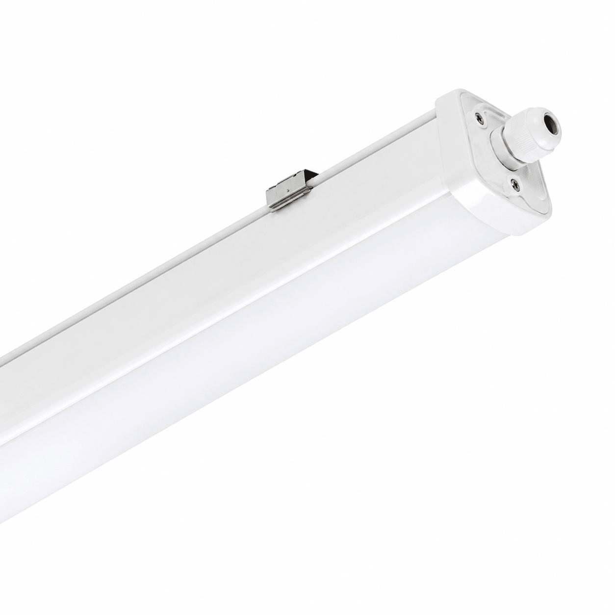 Riga LED Linear High Output IP65 tube light with a white polycarbonate body, showcasing its end and mounting details.
