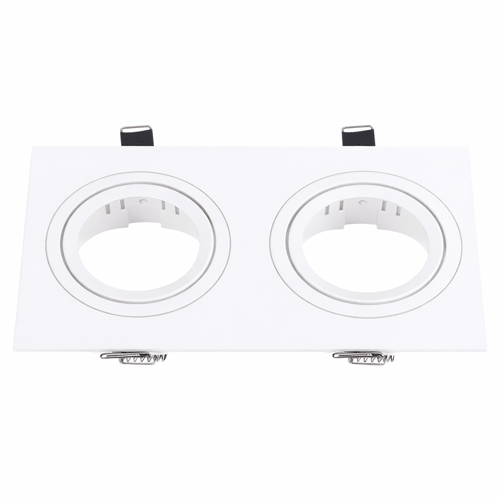 White downlight holder designed for two GU10 or MR16 lamps, featuring a sleek, modern design.