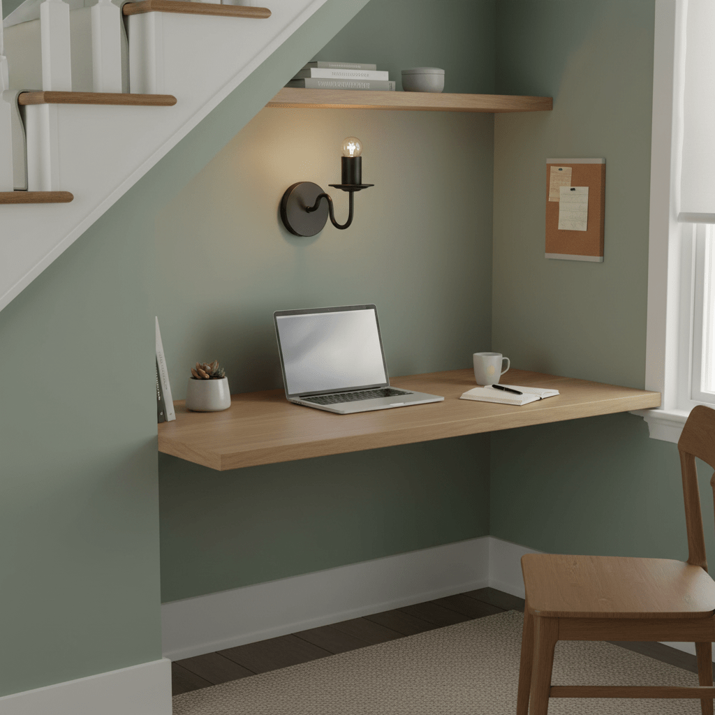 Modern black wall light illuminating a workspace under stairs, enhancing the cozy atmosphere.