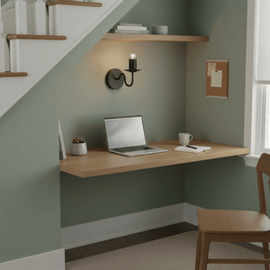 Modern black wall light illuminating a workspace under stairs, enhancing the cozy atmosphere.