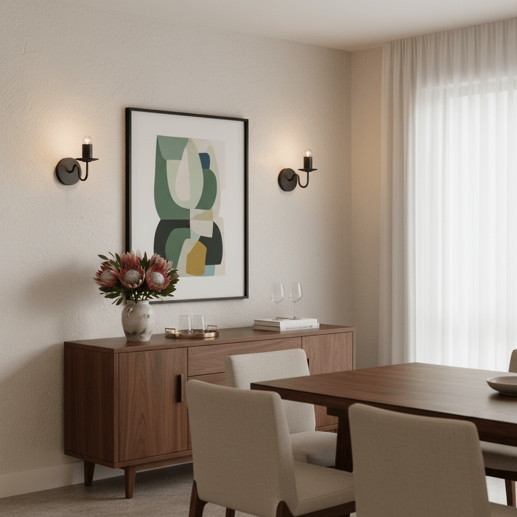 Modern black indoor wall lights flanking an abstract artwork in a stylish dining area.