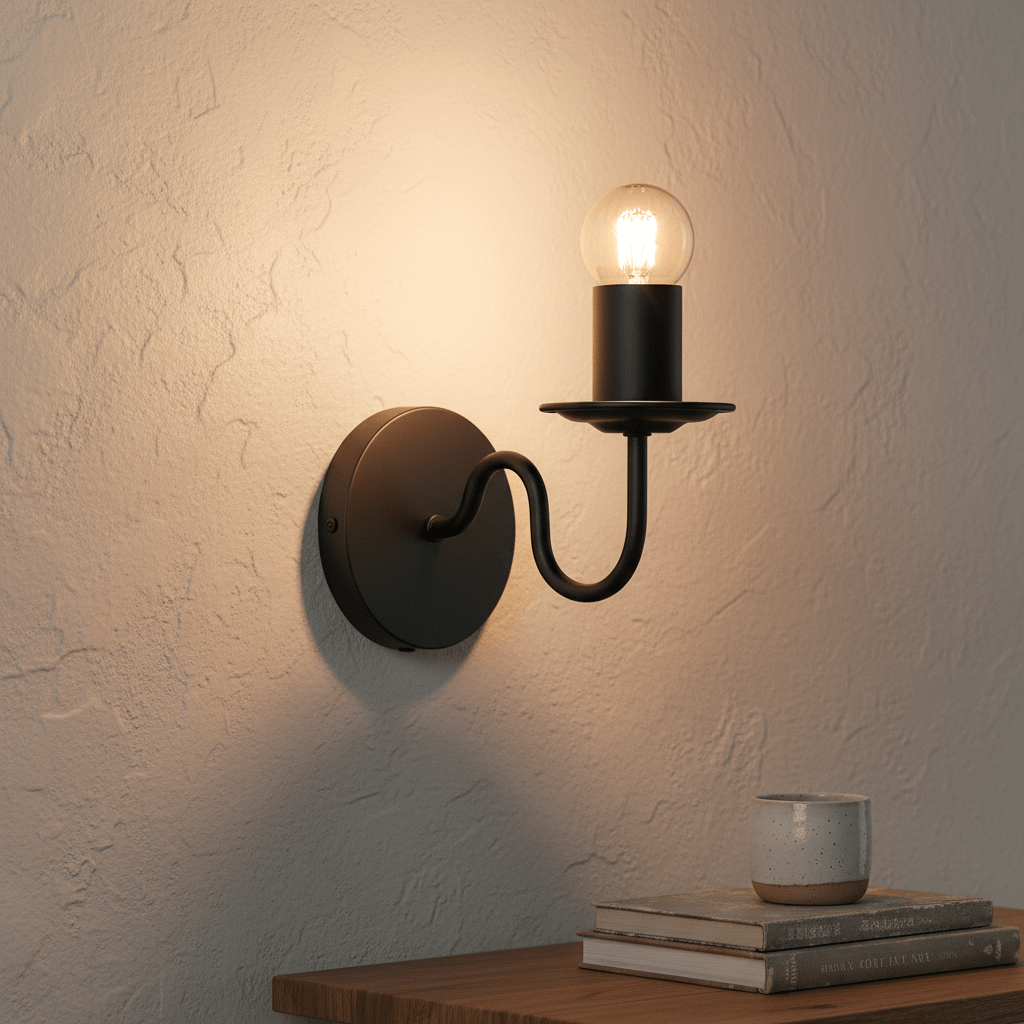 Harry Black Indoor Wall Light mounted on a textured wall, illuminating a wooden table with books and a cup.