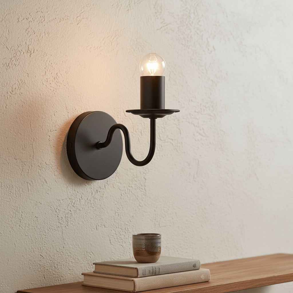 Harry Black Indoor Wall Light mounted on a textured wall, illuminating a nearby shelf with books and a small decorative cup.