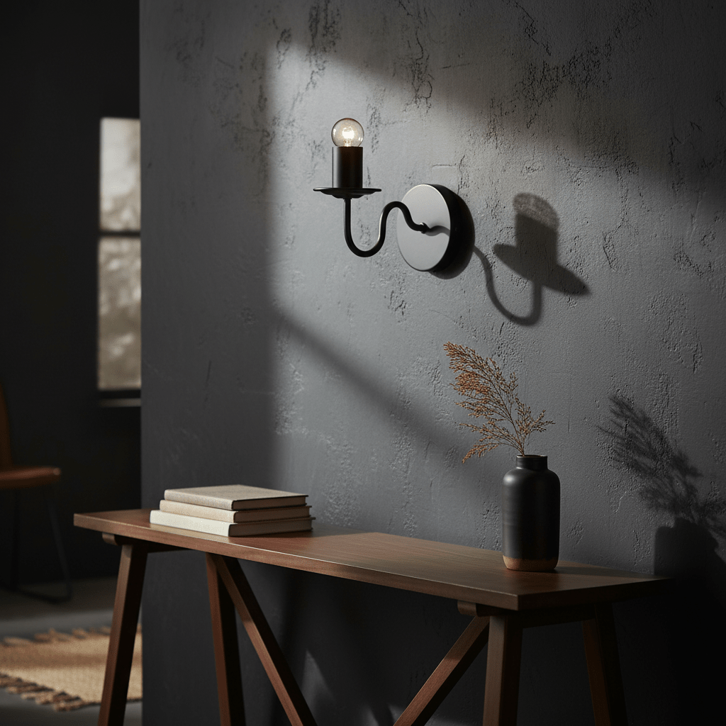 Harry Black Indoor Wall Light mounted on a textured wall, casting shadows, with a wooden table and decorative vase.