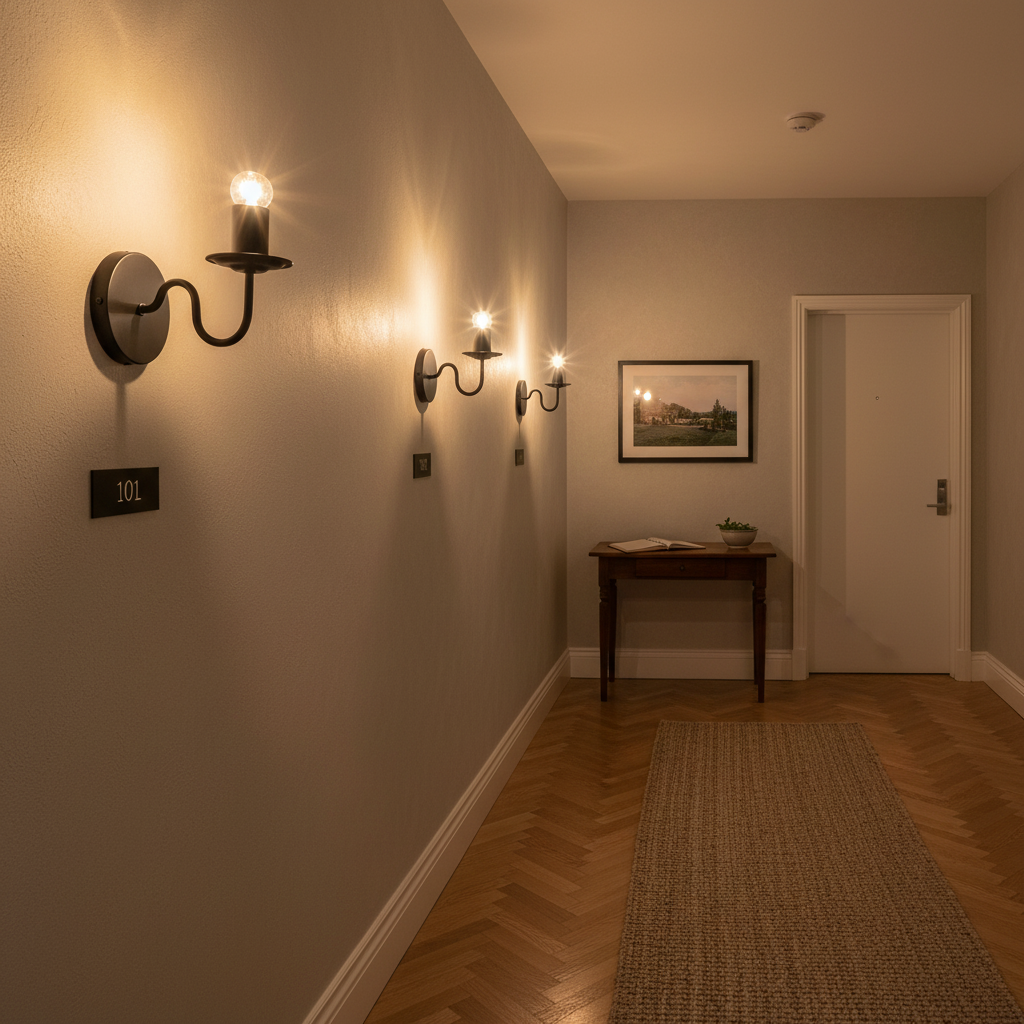 Stylish indoor hallway featuring multiple black wall lights illuminating the space, with a wooden table and artwork.