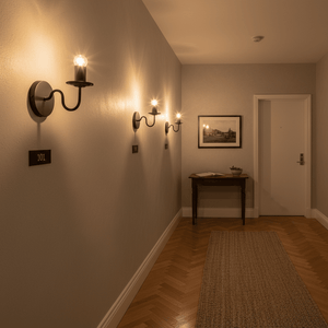 Stylish indoor hallway featuring multiple black wall lights illuminating the space, with a wooden table and artwork.