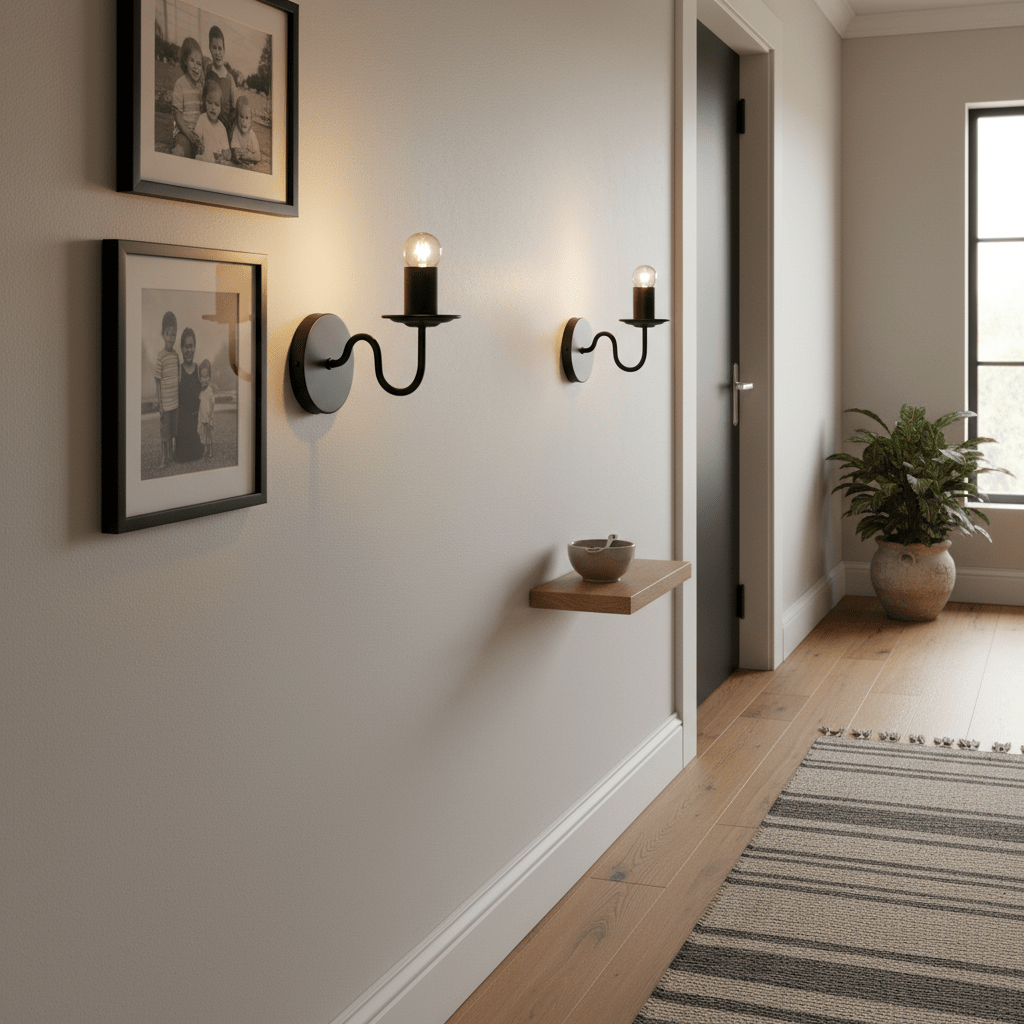Two Harry Black Indoor Wall Lights mounted on a wall, illuminating framed photos in a cozy hallway.