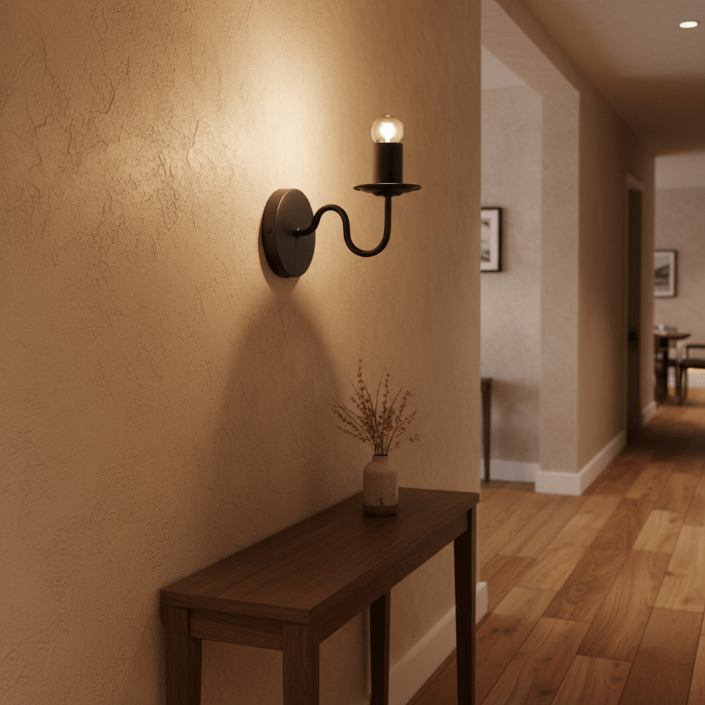 Harry Black Indoor Wall Light mounted on a textured wall, illuminating a wooden console table with a vase.