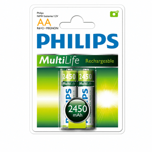 Two Multilife rechargeable AA batteries in packaging, labeled with 2450 mAh capacity.