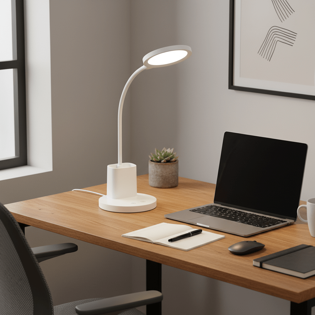 Dimmable rechargeable LED desk lamp on a wooden desk with a laptop, notebook, and plant.