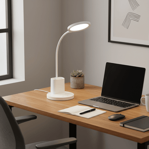 Dimmable rechargeable LED desk lamp on a wooden desk with a laptop, notebook, and plant.