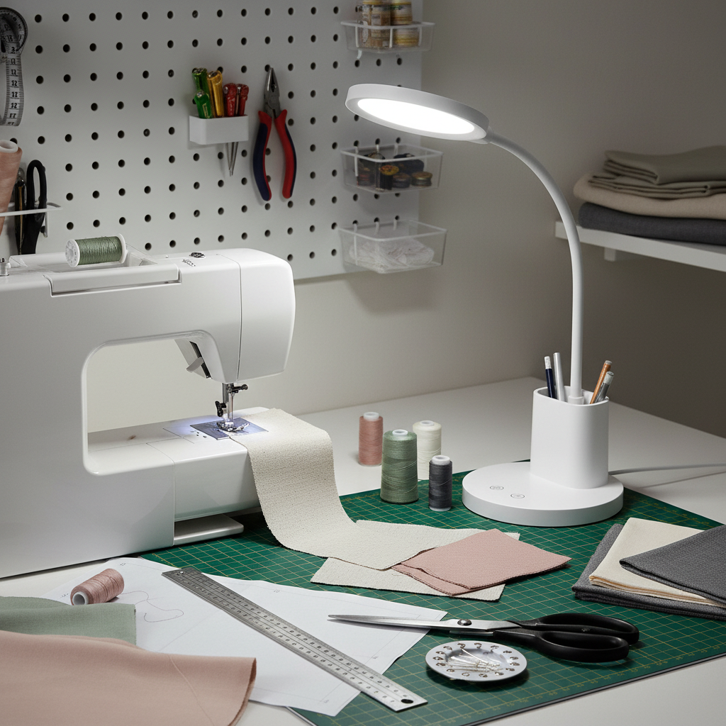 Dimmable rechargeable LED desk lamp illuminating a sewing area with fabric and tools.