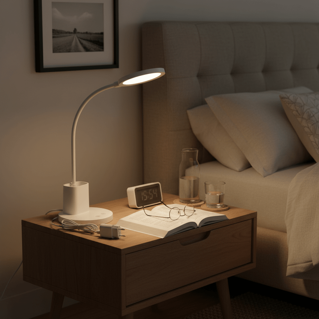 Dimmable rechargeable LED desk lamp on a bedside table, illuminating an open book and glasses.