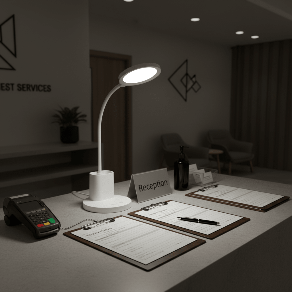 Dimmable rechargeable LED desk lamp illuminating a reception desk with documents and a phone.