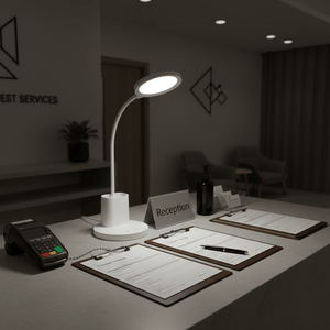 Dimmable rechargeable LED desk lamp illuminating a reception desk with documents and a phone.