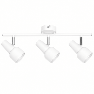 White three-light ceiling spotlight with adjustable heads and chrome accents on a white background.
