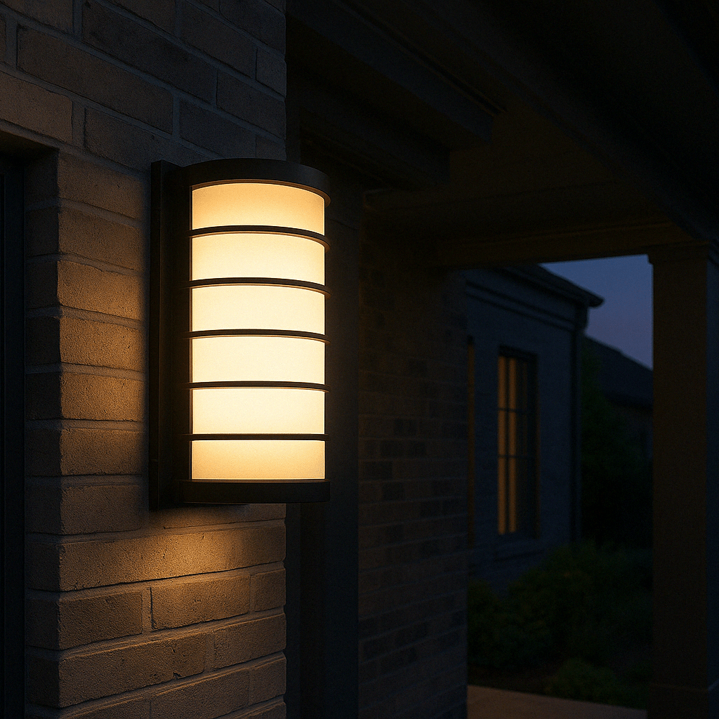 IP65 outdoor LED wall light mounted beside a door, illuminating the entrance with warm white light.