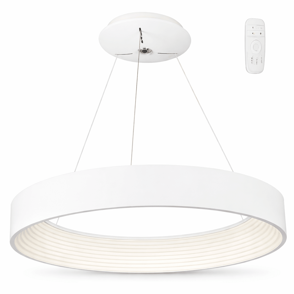 Modern white pendant light with remote control on a white background