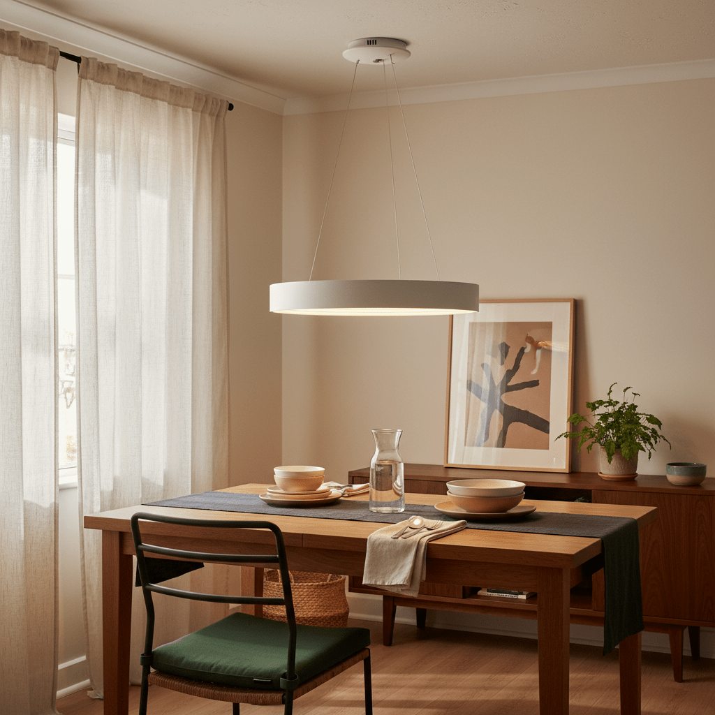 Modern LED pendant light hanging above a dining table set with dishes and a water pitcher.