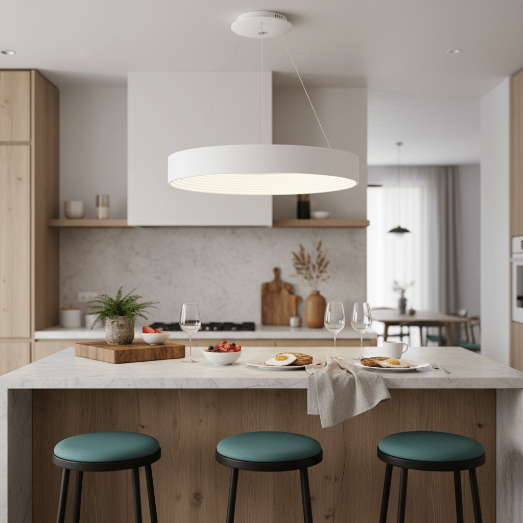 Modern LED pendant light hanging over a kitchen island with breakfast setup and green stools.