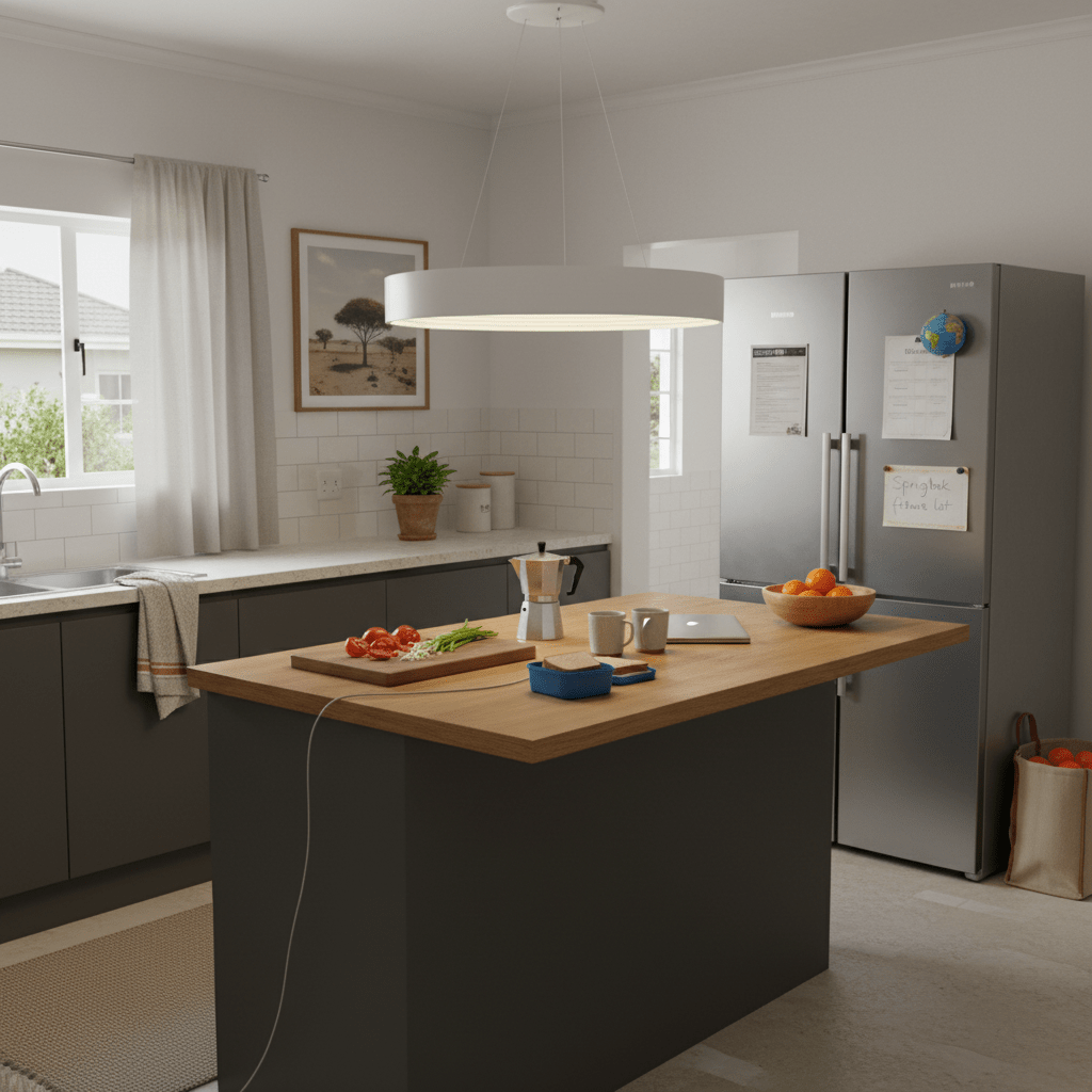 Modern kitchen with wooden island, stainless steel refrigerator, and various kitchen items.