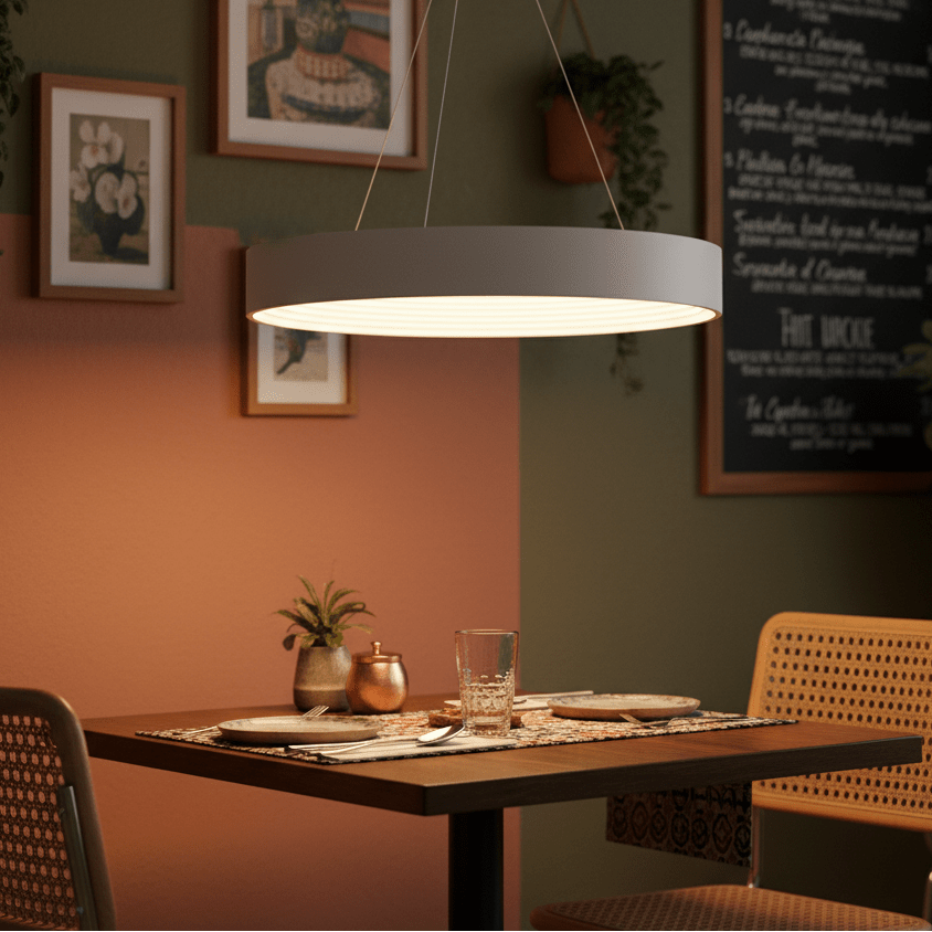 Modern LED pendant light hanging above a dining table set with plates and glasses, surrounded by framed artwork.