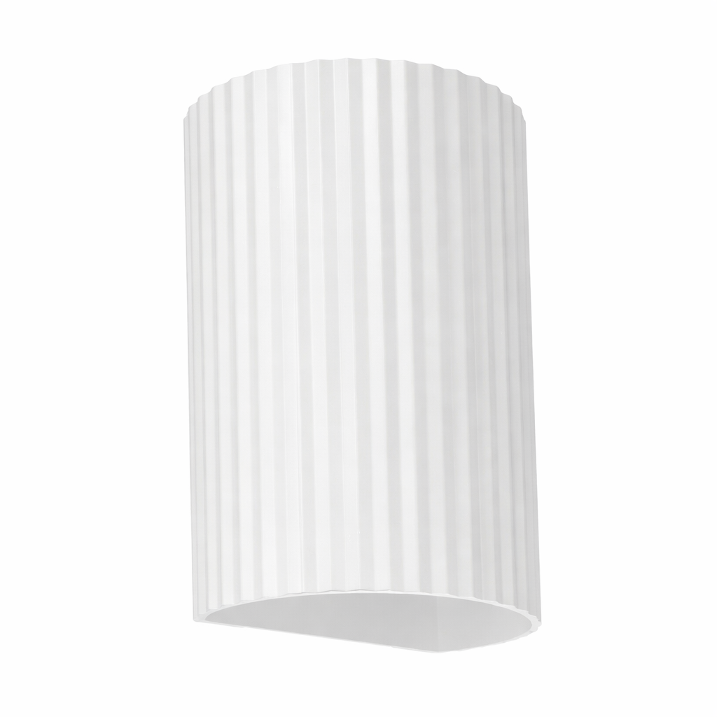 White cylindrical lampshade with ribbed texture on a white background