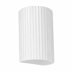 White cylindrical lampshade with ribbed texture on a white background