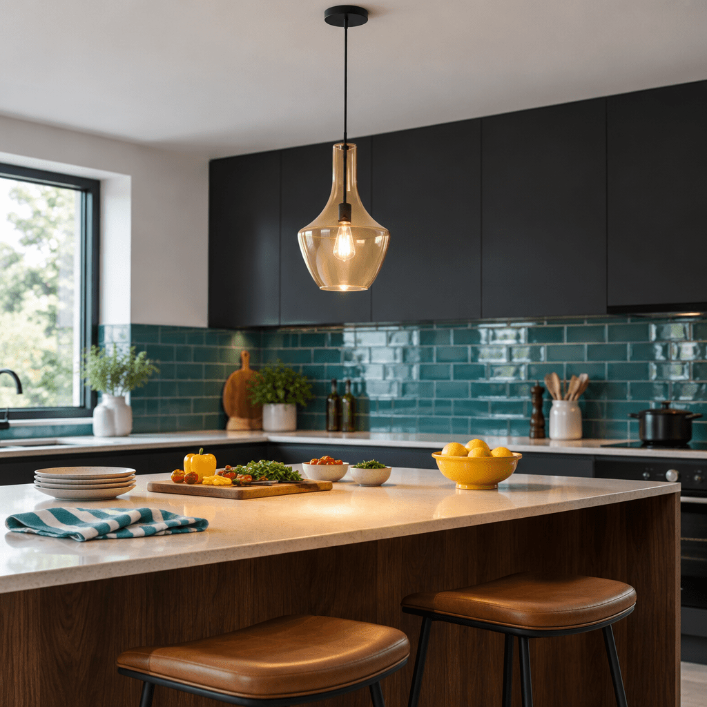 Amber Glass Pendant Light Black Finish