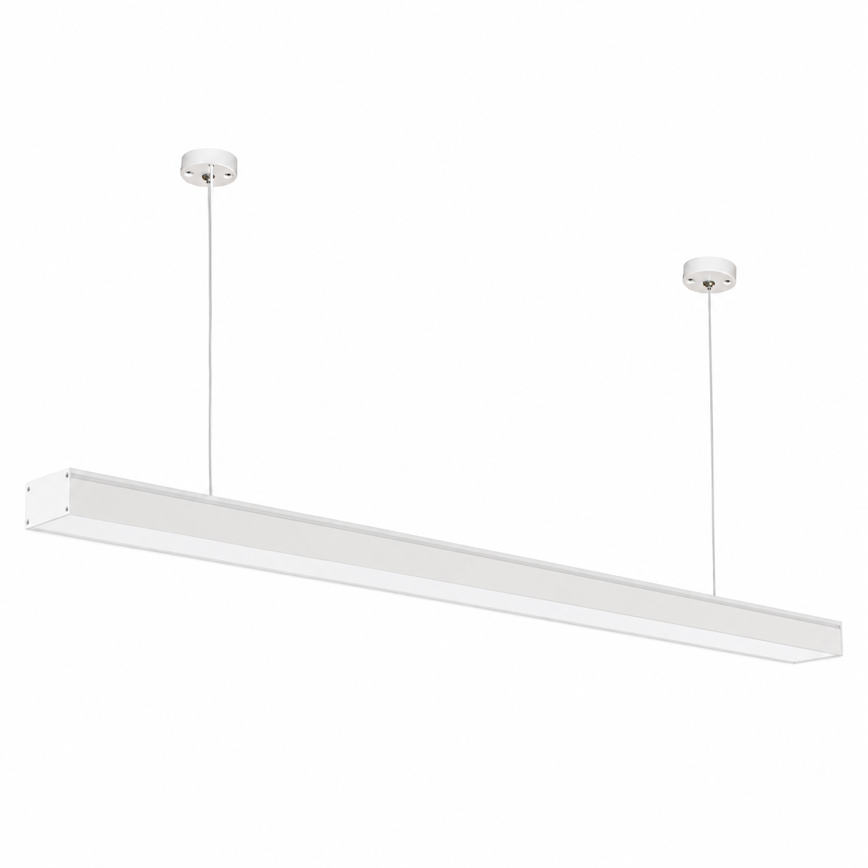 Sleek 36W CCT Linear LED Pendant in matt white, suspended from the ceiling with two cables.
