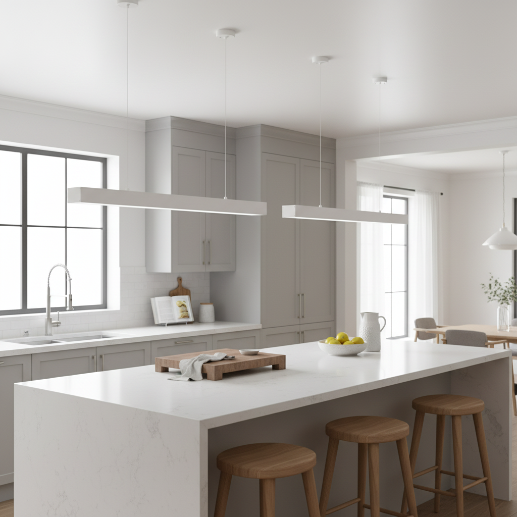 Modern kitchen featuring three suspended linear LED panels above a white marble island with wooden stools.