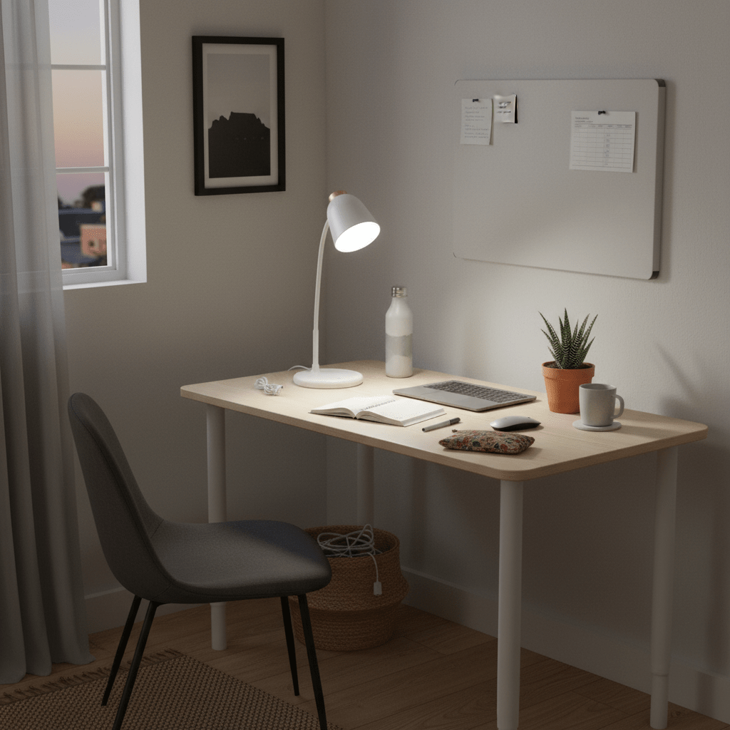 A stylish white LED desk lamp illuminating a wooden desk with a chair, laptop, and plants.
