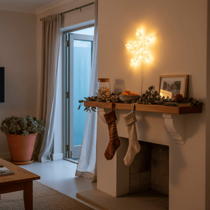 Star-shaped LED Christmas lights glowing above a mantel with stockings and decorative items.