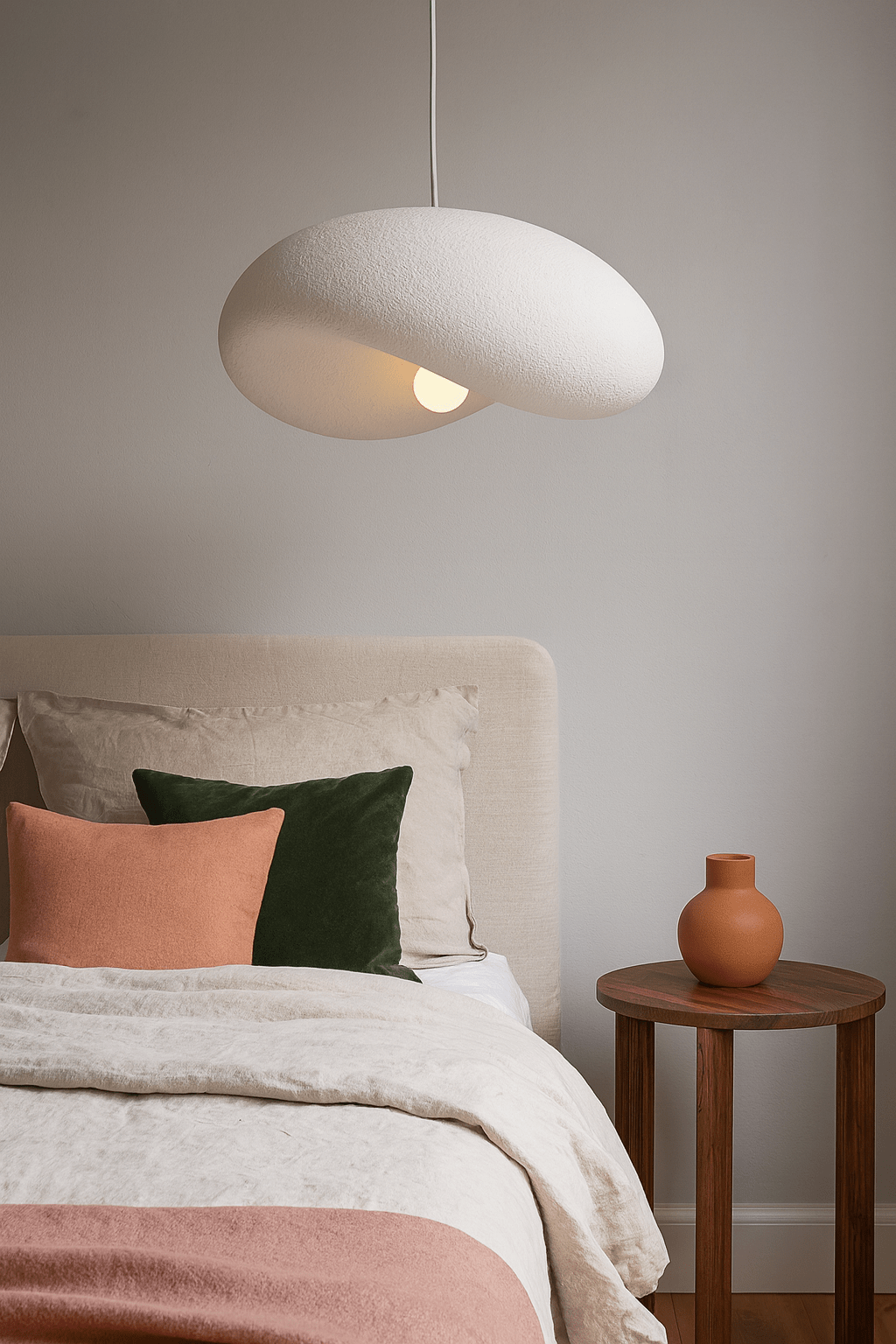 Ivory Drift 500 Pendant Light hanging above a bed with decorative pillows and a wooden side table.