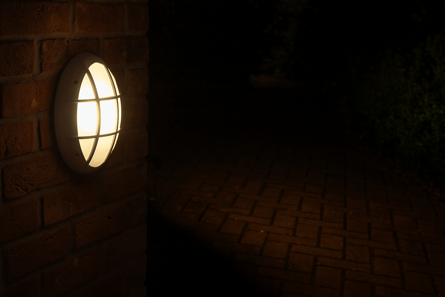 Fumagalli Danzi grey outdoor wall light illuminating a brick wall and pathway at night.