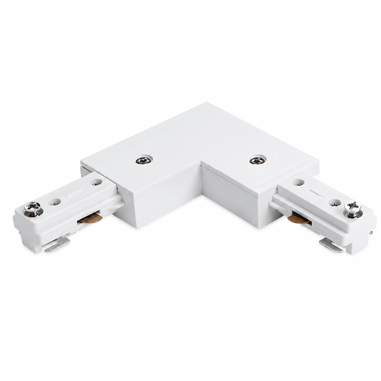White L-connector for 3-wire track lighting, featuring durable metal construction and seamless connections.