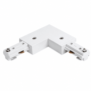 White L-connector for 3-wire track lighting, featuring durable metal construction and seamless connections.
