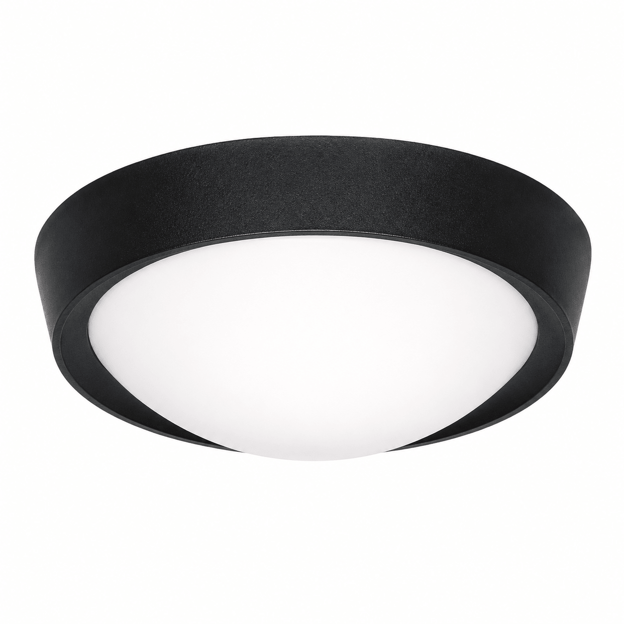 Black ceiling light fixture with white interior on a white background