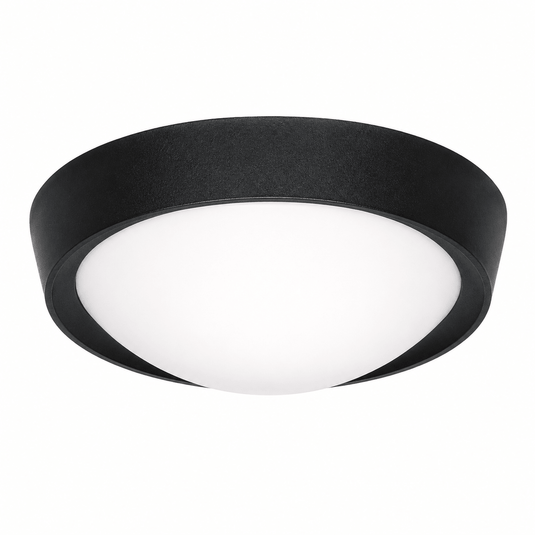 Black ceiling light fixture with white interior on a white background