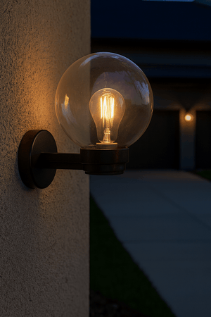 Close-up of a black outdoor wall light with a clear globe, illuminating a textured wall.