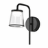 Black wall-mounted outdoor light fixture with clear glass shade on a white background