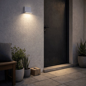Outdoor scene featuring the Pace 4000K White LED Wall Light illuminating a doorway, with potted plants and a package nearby.