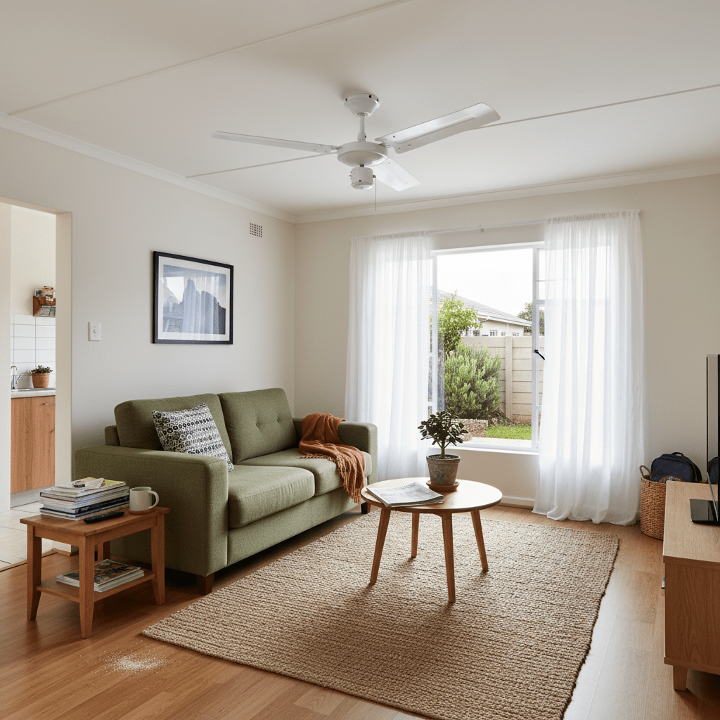 Flush mount ceiling fan for low ceilings in Cape Town apartments, compact LED fan light installed close to ceiling, practical clearance and modern styling, 800x800 composition