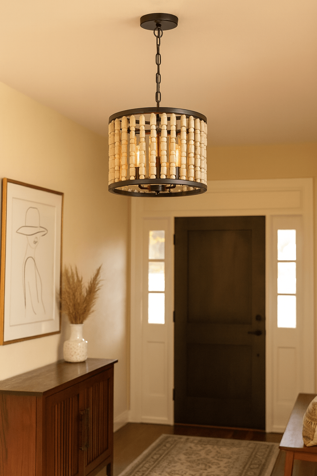 Black Metal & White Washed Wood Bead Pendant PEN281