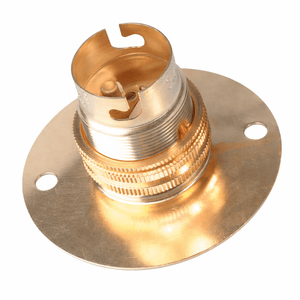 Close-up of a brass B22 lampholder with a polished finish and threaded base.