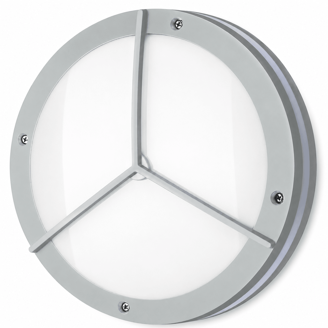 Round grey LED bulkhead light with a clear cover and three-section design, suitable for outdoor use.